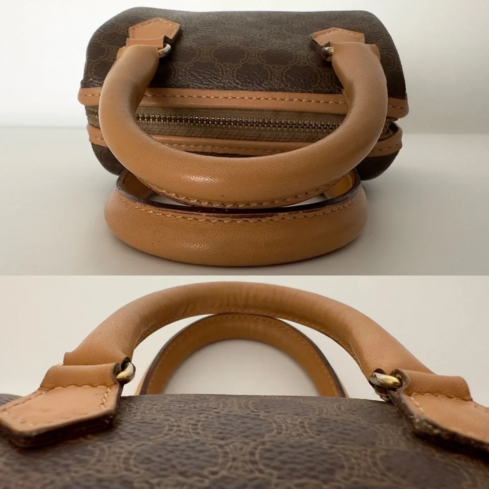 ✨CELINE Vintage Macadam Triomphe Canvas Leather Micro Mini Boston Handbag Brown - Picture 10 of 17
